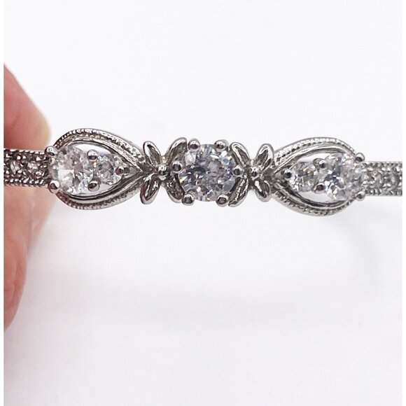 Silver Tone Cubic Zirconia Hinged Bangle Bracelet Vintage Style Three Stone - Picture 2 of 9